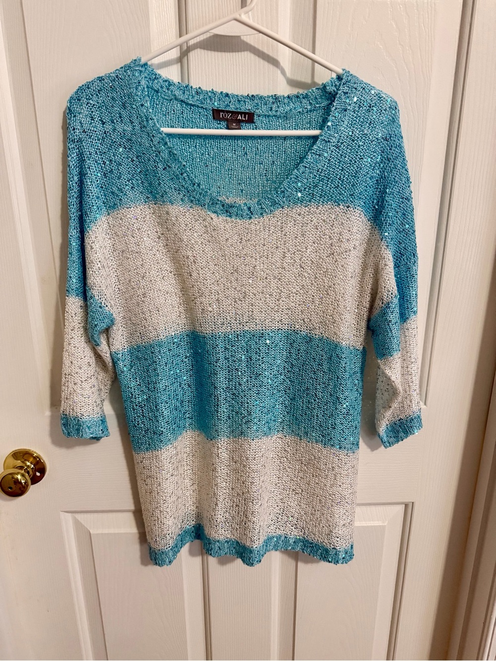 Roz & Ali Turquoise and Cream Striped Sequin Knit Sweater